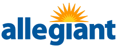 Allegiant Air logo with the word "allegiant" in blue with a orange and yellow graphic over it.