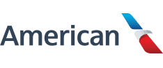 American Airlines logo with the word "American" on the left side and a red, white, and blue logo on the right.