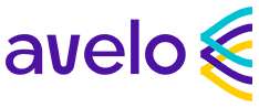 Logo with "Avelo" written in purple letters on the left and a blue, purple, and yellow graphic on the right.