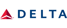 Delta Airlines logo with a red graphic to the left and blue text to the right.