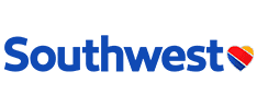 Southwest Airlines logo with blue text on the left and a red, blue, and yellow graphic on the right.