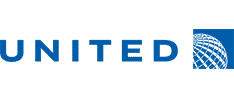 United Airlines logo with the word "united" in blue text with a blue and white graphic to the right featuring a globe.