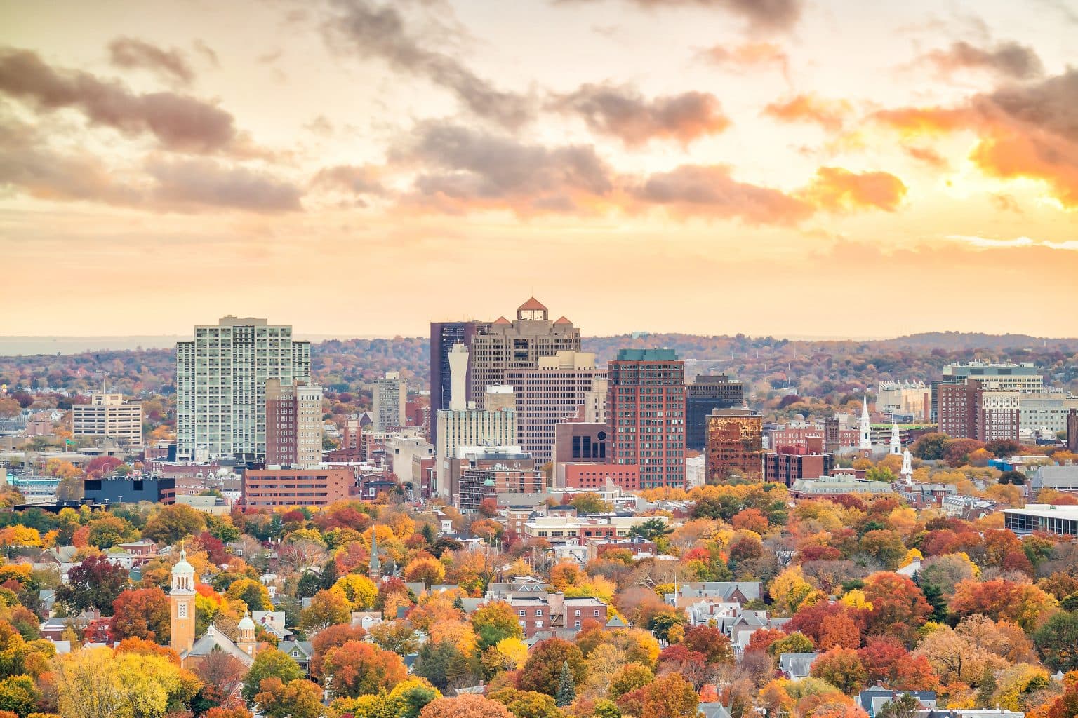 Aerial skyline of Downtown New Haven from East Rock Park during the fall.