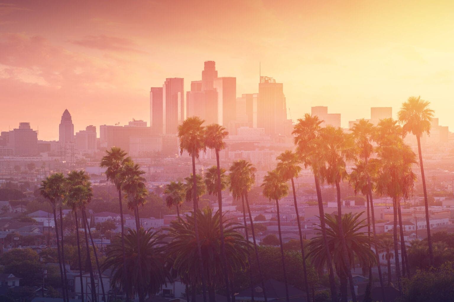 Aeriel view of sunset in downtown Los Angeles.