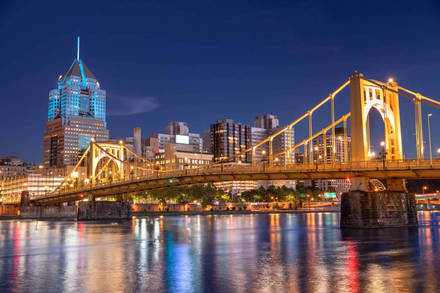Skyline view of Pittsburgh over the Allegheny River.